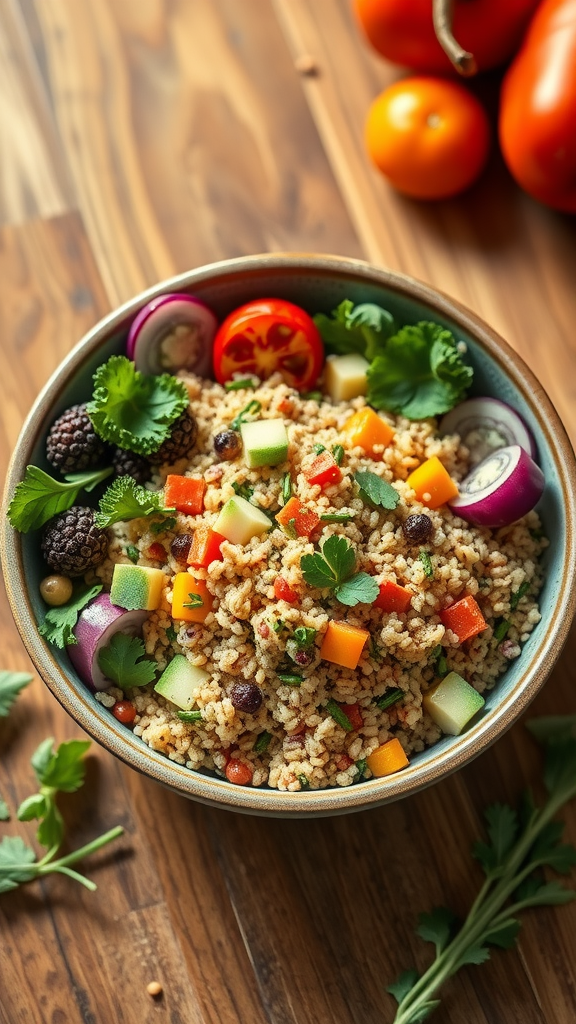 A colorful bowl of quinoa mixed with assorted vegetables, garnished with herbs, on a wooden surface.