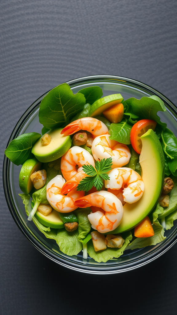 A colorful bowl of shrimp and avocado salad with leafy greens and assorted vegetables.