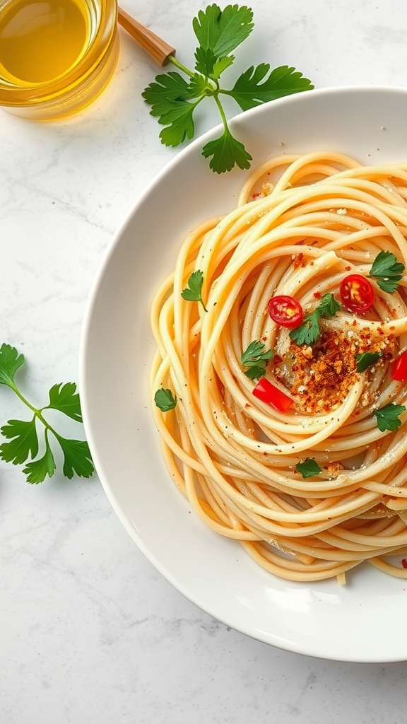 A bowl of Spaghetti Aglio e Olio garnished with peppers and parsley