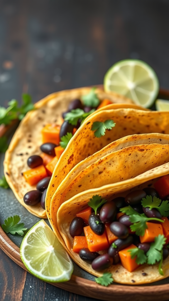 Delicious sweet potato and black bean tacos on a wooden plate, garnished with cilantro and lime wedges.