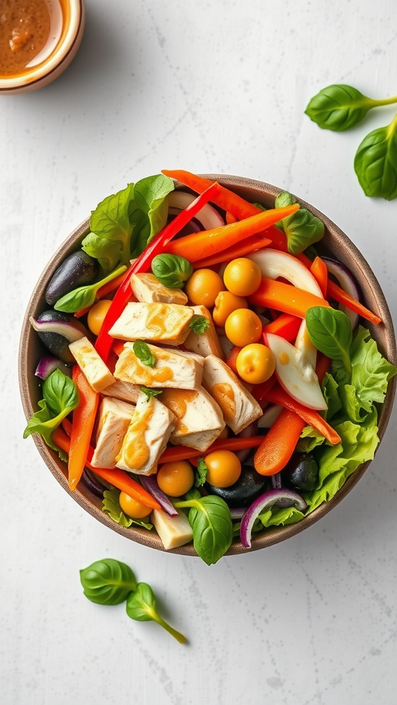 Bowl of Thai chicken salad with peanut dressing, featuring greens, bell peppers, and cherry tomatoes.