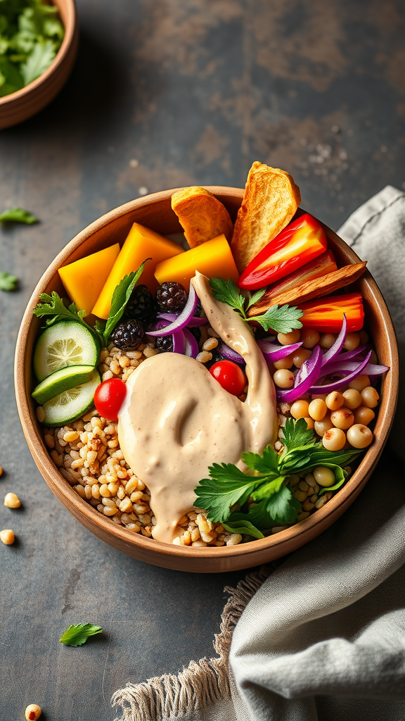 A colorful vegan Buddha bowl with grains, fresh vegetables, and a drizzle of tahini dressing.