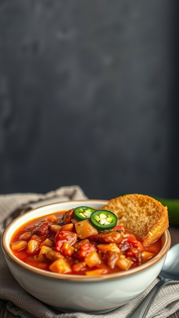 A bowl of vegan chili served with cornbread, topped with jalapeños.