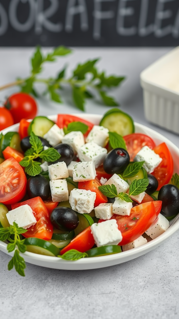 A vibrant vegan Greek salad with cherry tomatoes, cucumbers, olives, and vegan feta cheese.