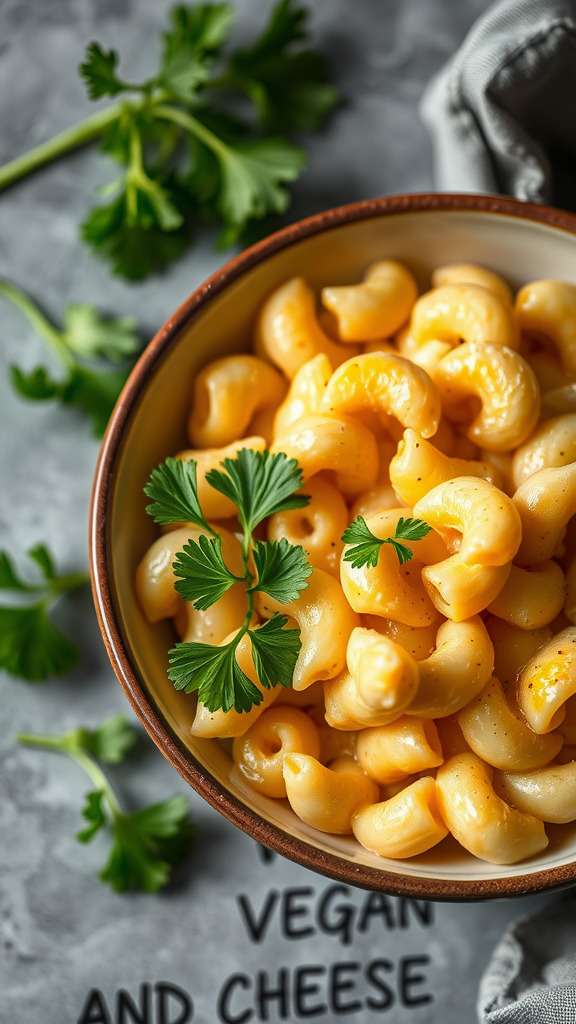 A bowl of creamy vegan mac and cheese with a sprinkle of herbs