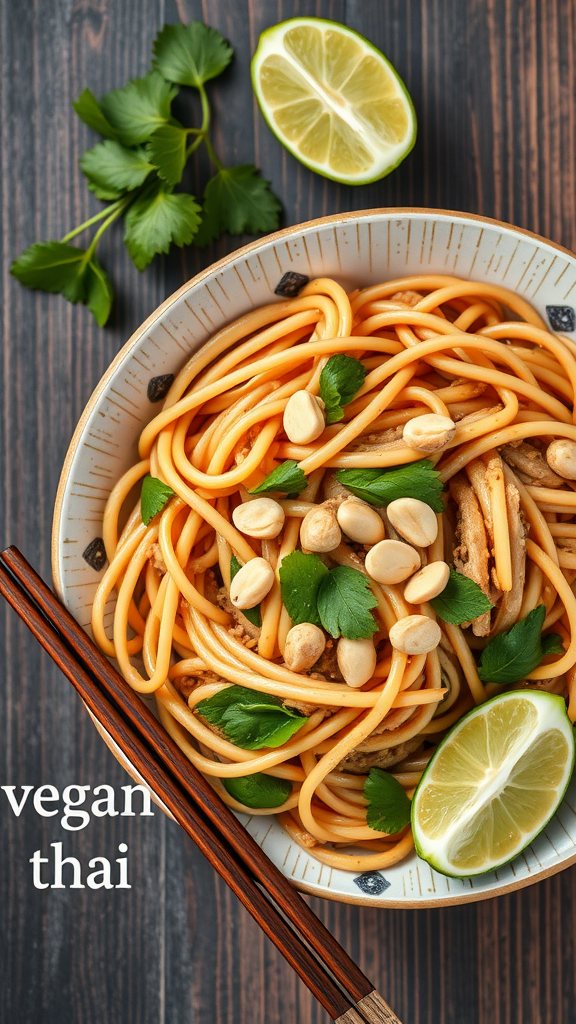 A delicious bowl of vegan Pad Thai with rice noodles, peanuts, cilantro, and lime.