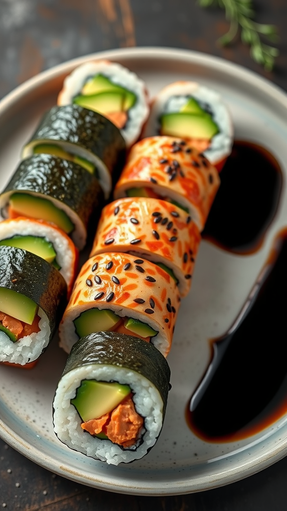 Colorful vegan sushi rolls with cucumber, carrot, and avocado on a plate