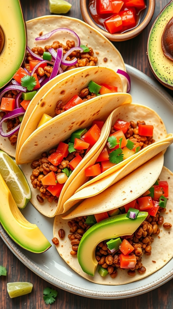 Vegan tacos filled with lentils, tomatoes, and avocado
