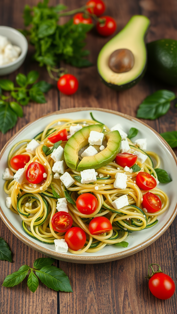 A colorful zucchini noodle salad topped with cherry tomatoes, avocado slices, and feta cheese.