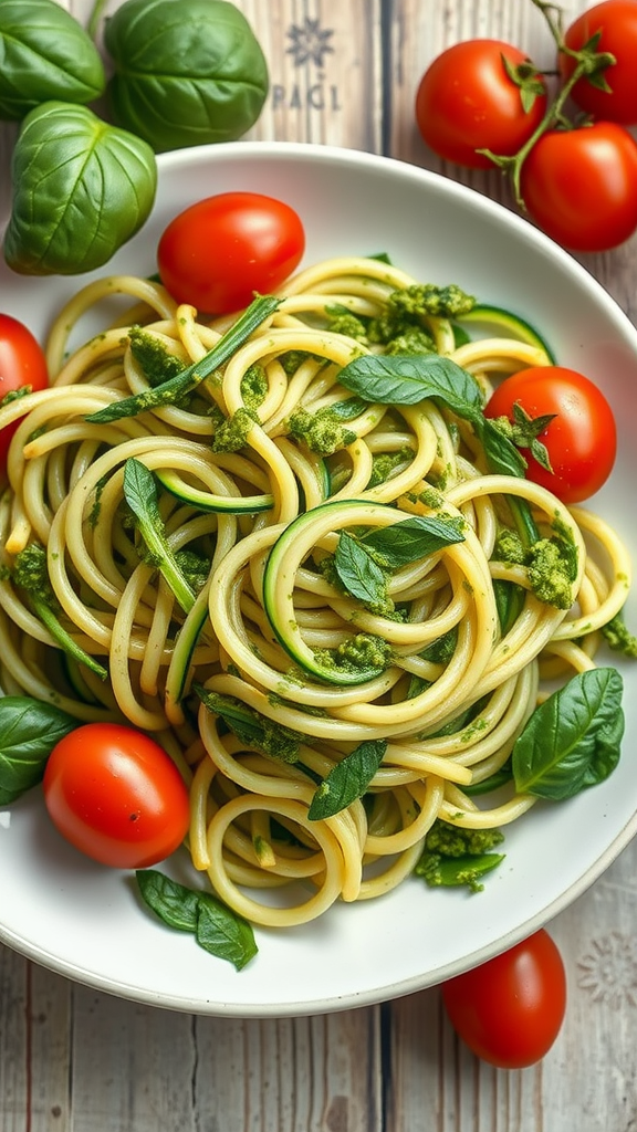A bowl of zucchini noodles tossed with pesto, garnished with cherry tomatoes and fresh basil.