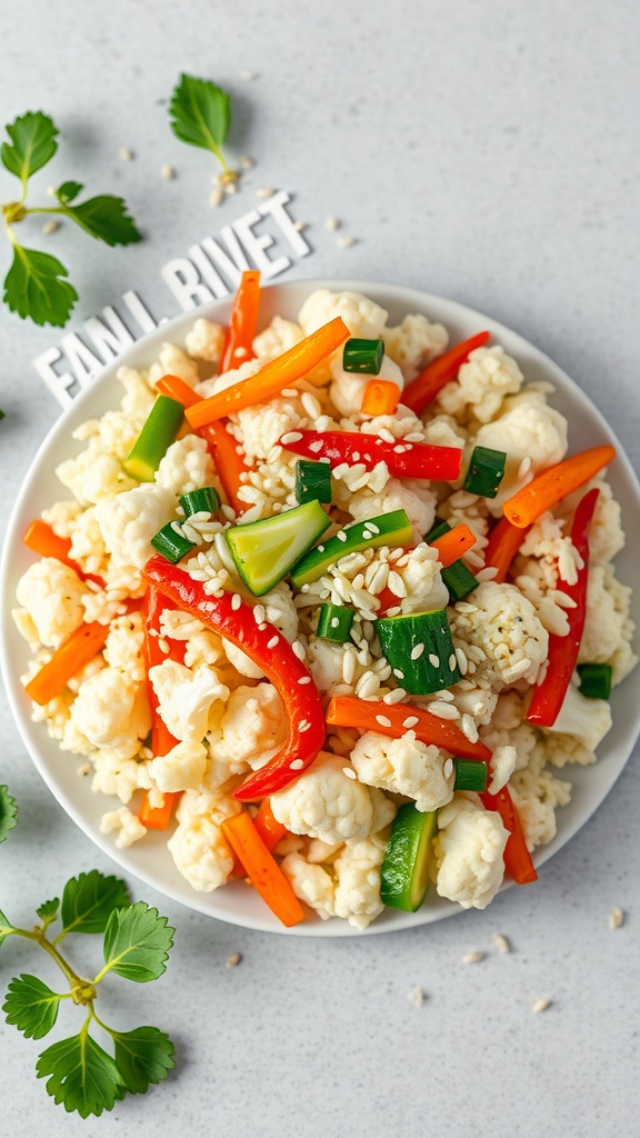 A colorful plate of cauliflower rice stir-fry with assorted vegetables.