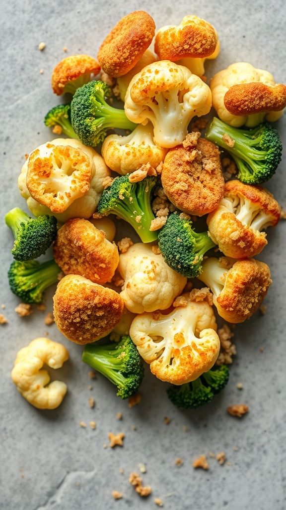 A close-up of a cheesy broccoli and cauliflower bake showing golden-brown florets.