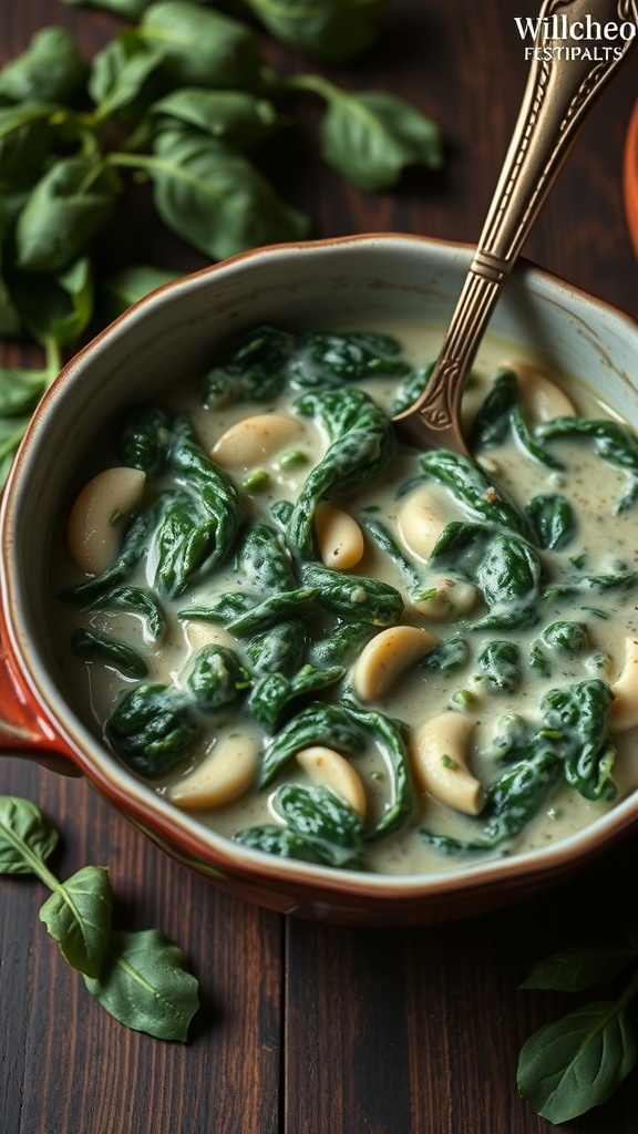 Creamed spinach in a bowl with a spoon