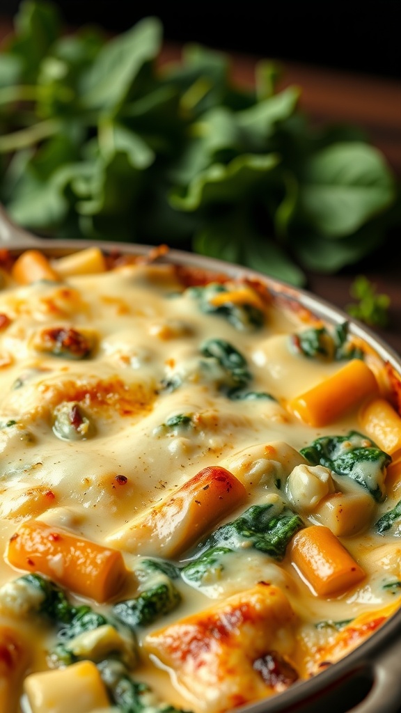 A creamy spinach and artichoke bake topped with melted cheese.