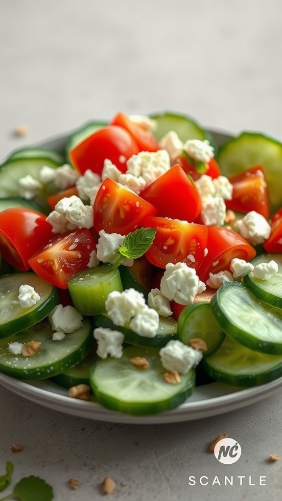 A colorful cucumber salad with tomatoes and feta cheese.