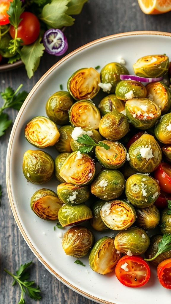 A plate of Garlic Parmesan Roasted Brussels Sprouts, garnished with fresh parsley and served with cherry tomatoes.