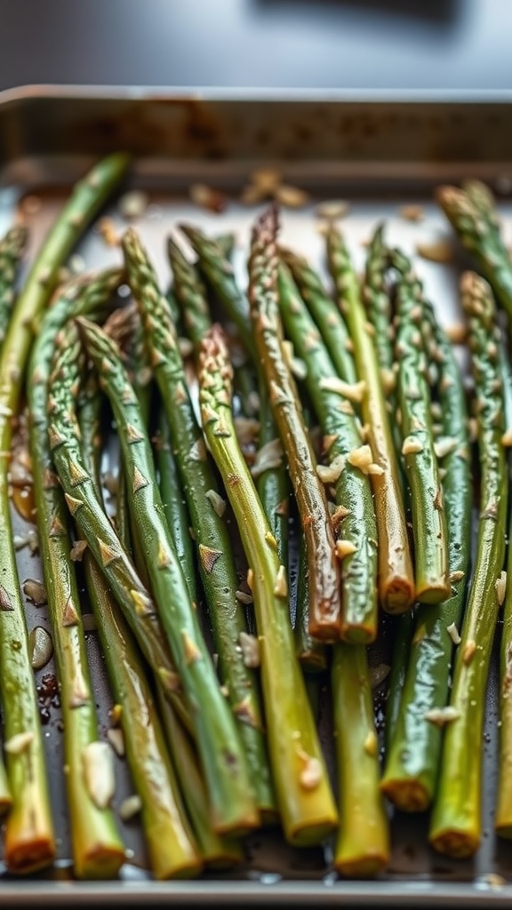 Roasted asparagus with garlic on a baking tray