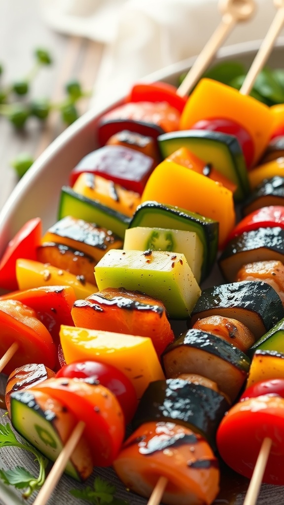 Colorful grilled vegetable skewers with zucchini, bell peppers, cherry tomatoes, and onion.
