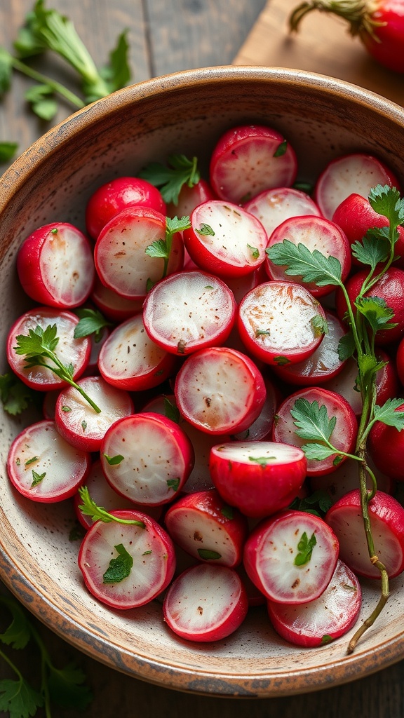 A bowl of herbed roasted radishes garnished with parsley.