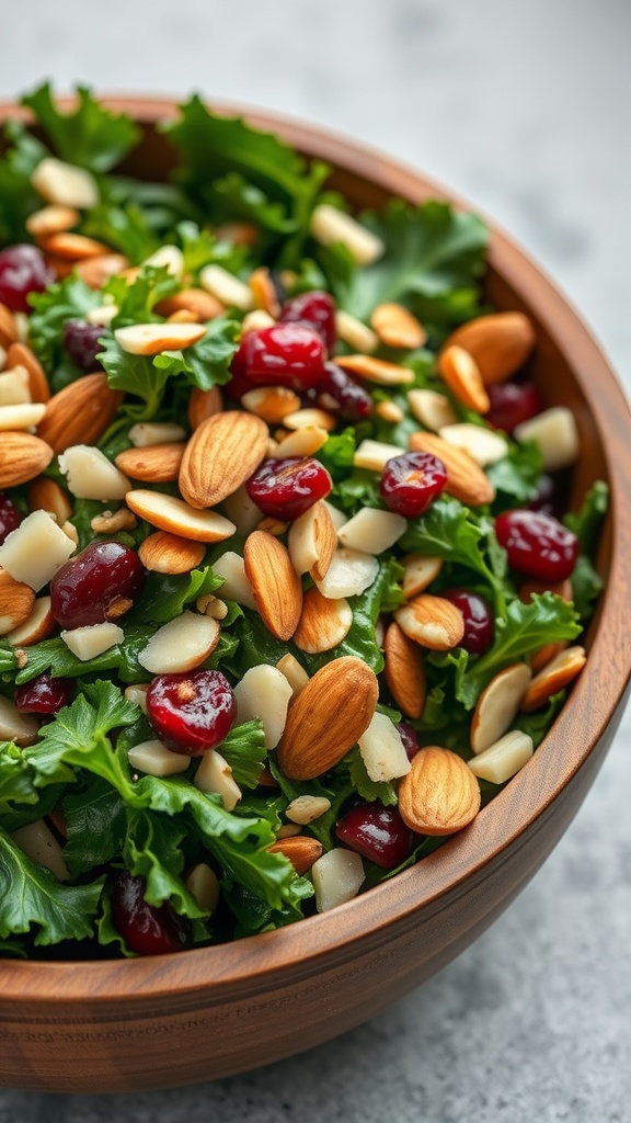 A vibrant kale salad with almonds and cranberries in a wooden bowl.