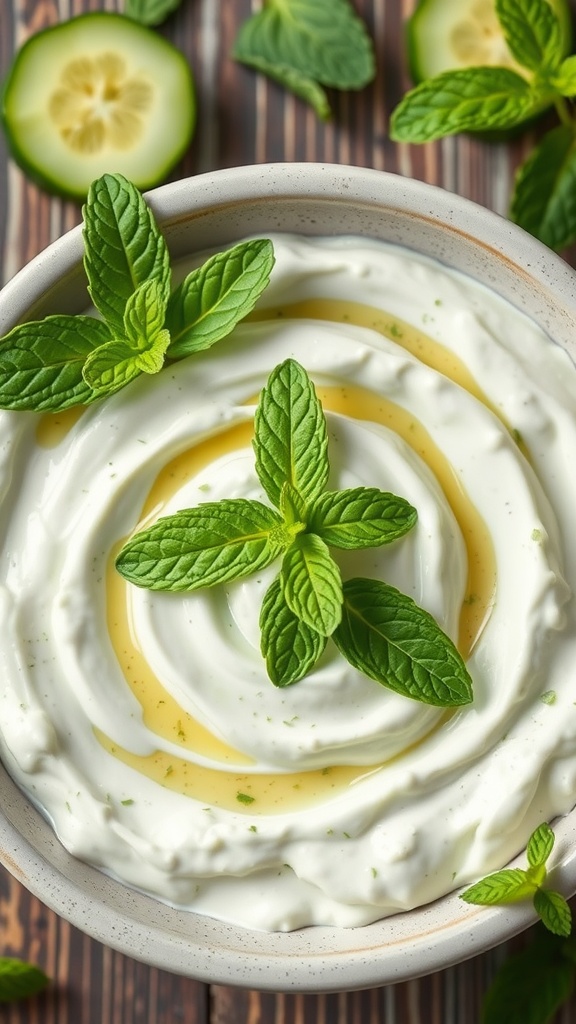 A bowl of minted cucumber and yogurt dip garnished with fresh mint leaves.