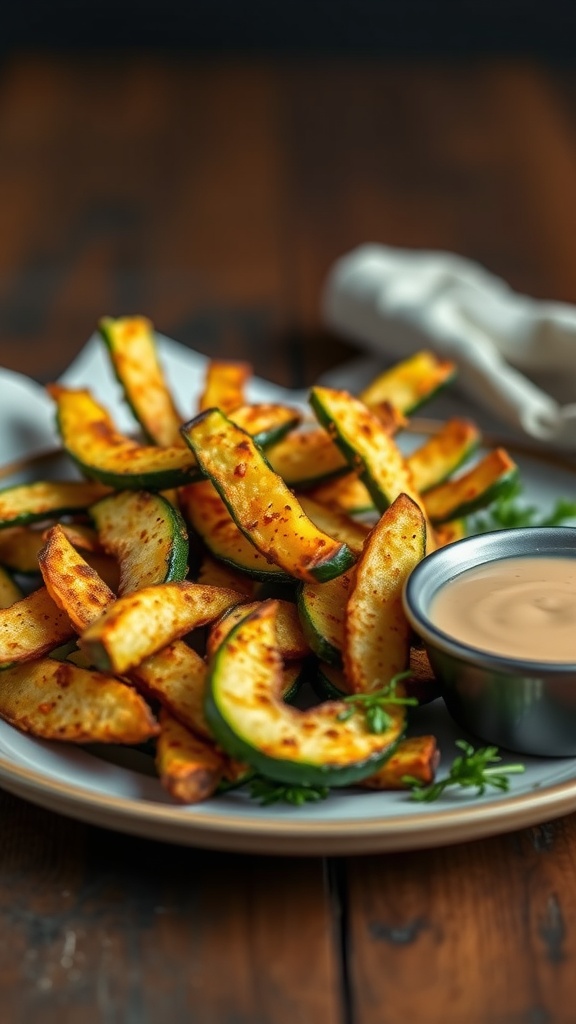 A plate of crispy oven-baked zucchini fries with a dipping sauce.