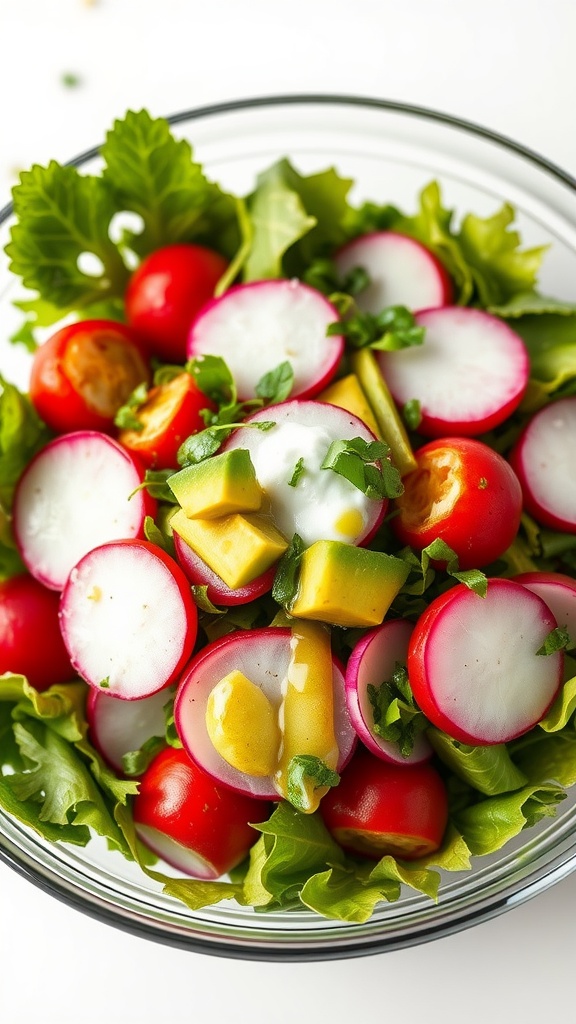 A fresh and colorful Radish and Avocado Salad with greens and tomatoes