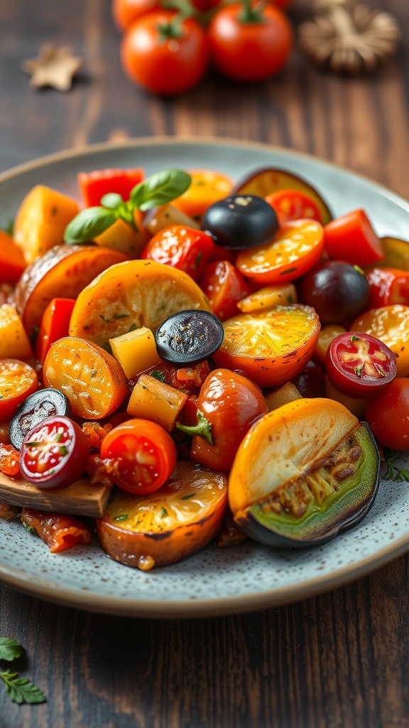 A colorful serving of ratatouille filled with seasonal vegetables.