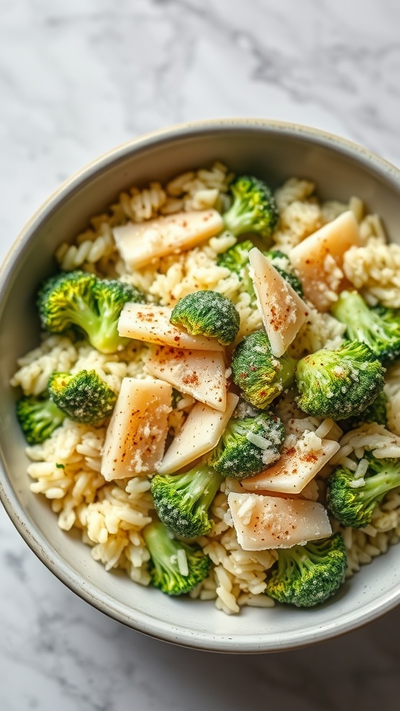 A bowl of riced broccoli with Parmesan cheese and seasonings, showcasing a healthy low carb side dish.