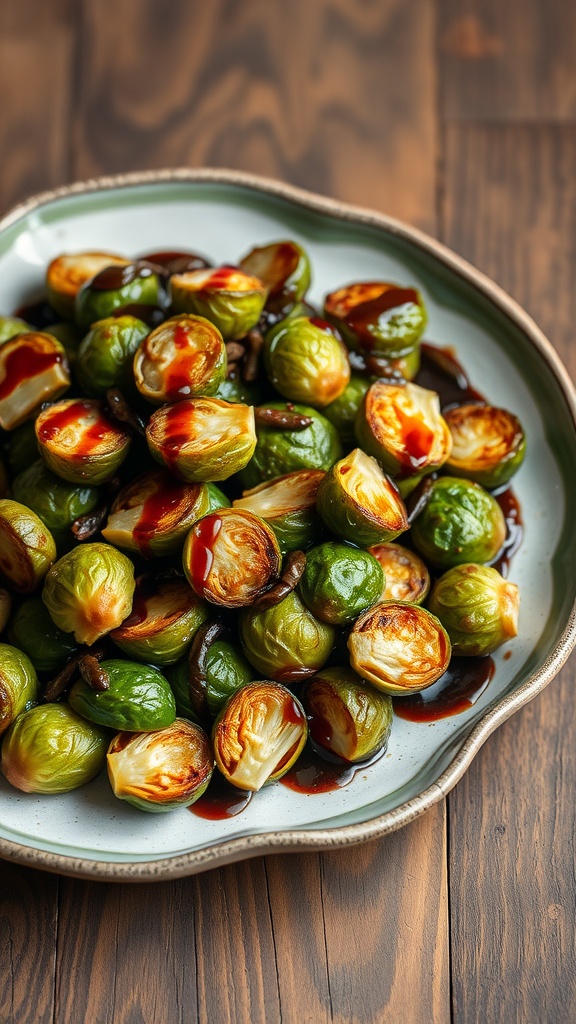 A plate of roasted Brussels sprouts drizzled with balsamic glaze, showcasing their vibrant green color and caramelized edges.