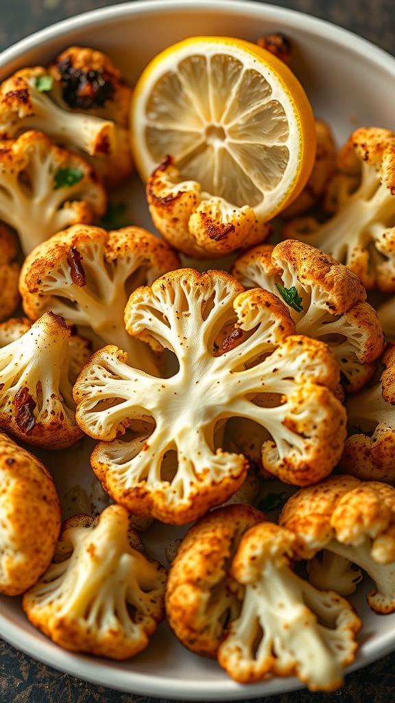Deliciously roasted cauliflower steaks garnished with parsley and a lemon wedge.