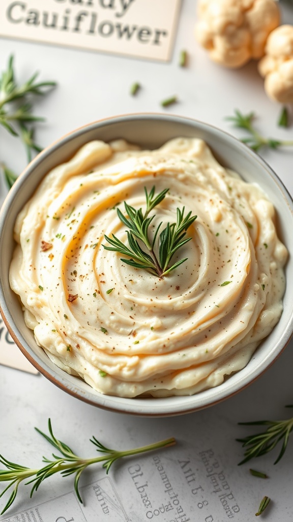 Creamy cauliflower mash in a bowl, garnished with herbs.