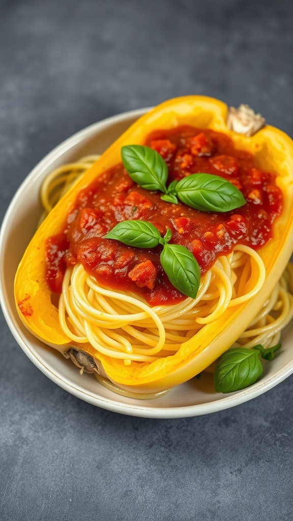 A bowl of spaghetti squash topped with marinara sauce and basil leaves