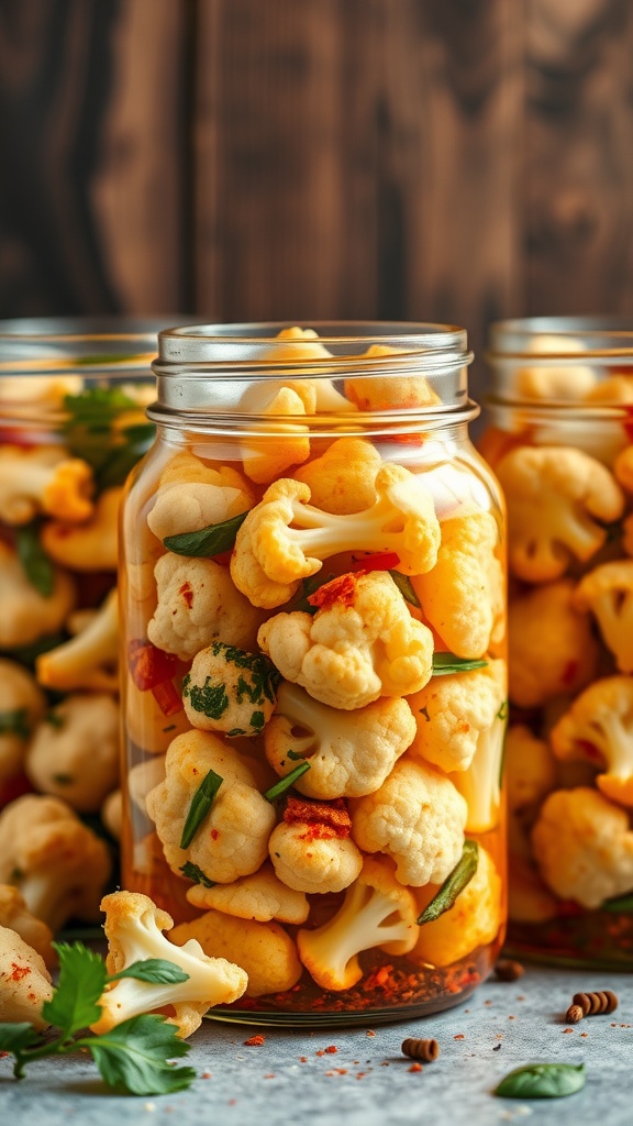A jar of spicy pickled cauliflower florets with spices
