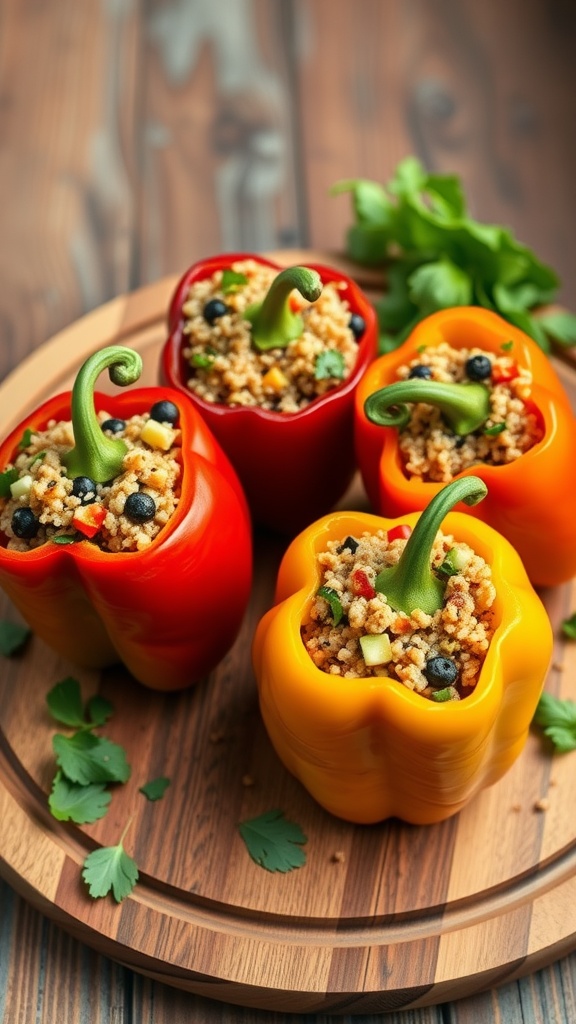 Colorful stuffed bell peppers filled with quinoa and vegetables.