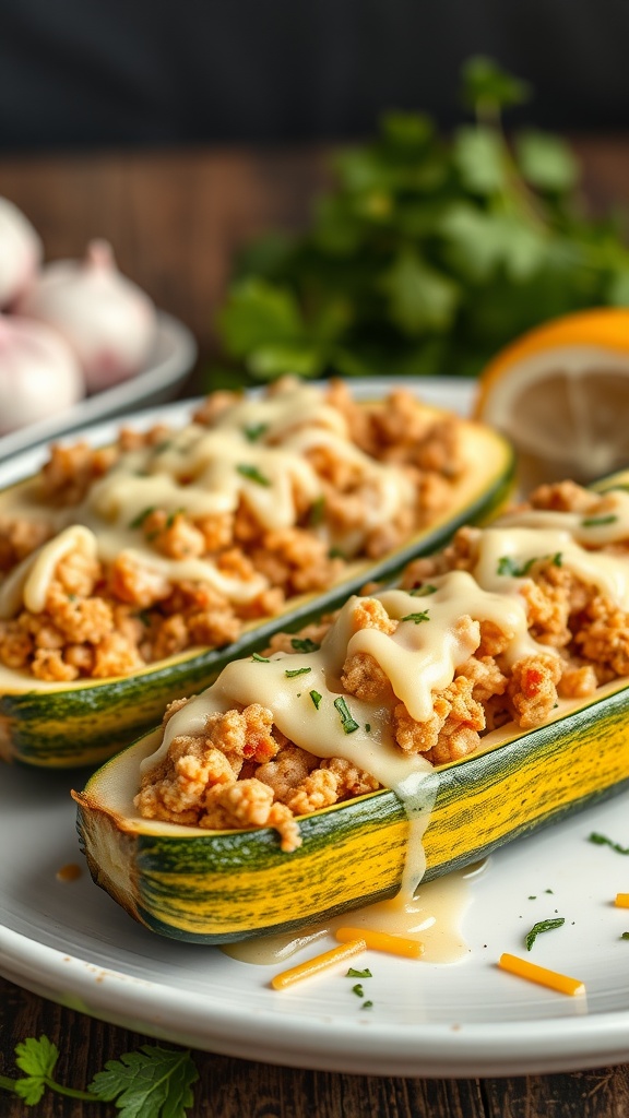 Stuffed zucchini boats filled with ground turkey and topped with cheese, garnished with herbs.