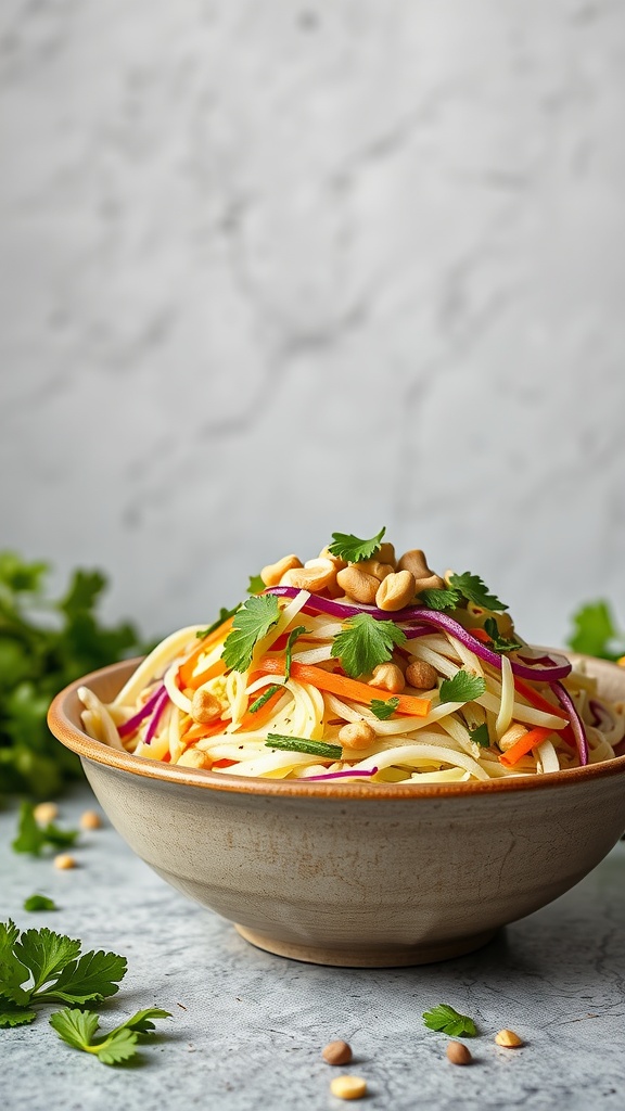 A bowl of colorful Thai cabbage slaw topped with peanuts and cilantro