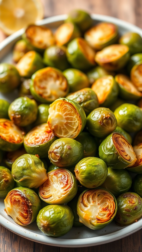 A plate of roasted Brussels sprouts drizzled with lemon and Dijon dressing.