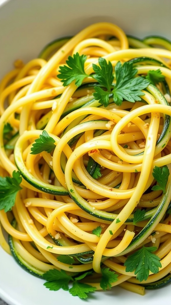 Plate of zucchini noodles tossed with garlic and olive oil, garnished with parsley.